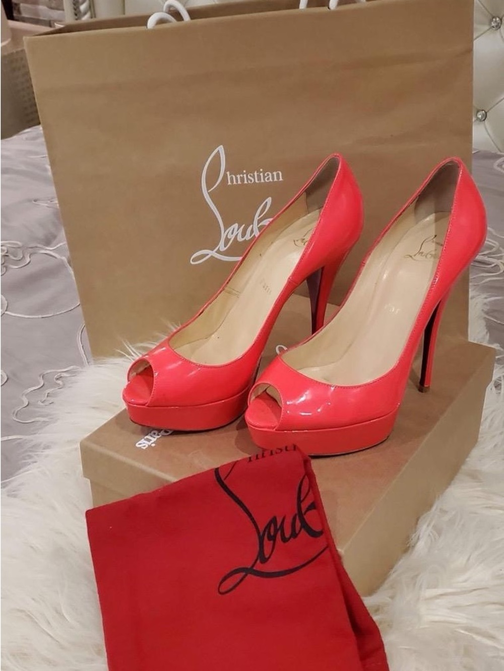 Christian Louboutin Coral Peep-Toe Platform Stilettos